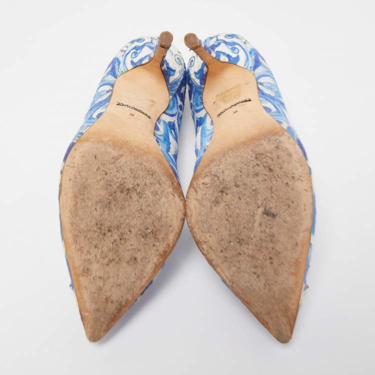 Pre Owned Dolce & Gabbana Blue  Print Brocade Fabric Bellucci Crystal Embellished Pointed Toe Pumps Size 38