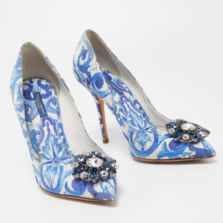 Pre Owned Dolce & Gabbana Blue  Print Brocade Fabric Bellucci Crystal Embellished Pointed Toe Pumps Size 38