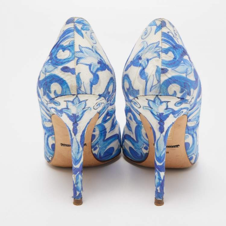 Pre Owned Dolce & Gabbana Blue  Print Brocade Fabric Bellucci Crystal Embellished Pointed Toe Pumps Size 38