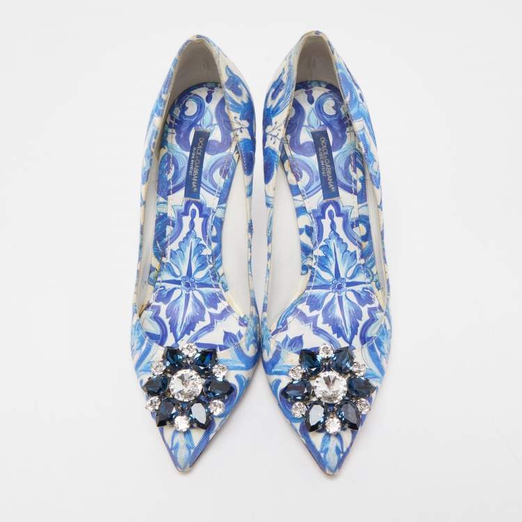 Pre Owned Dolce & Gabbana Blue  Print Brocade Fabric Bellucci Crystal Embellished Pointed Toe Pumps Size 38