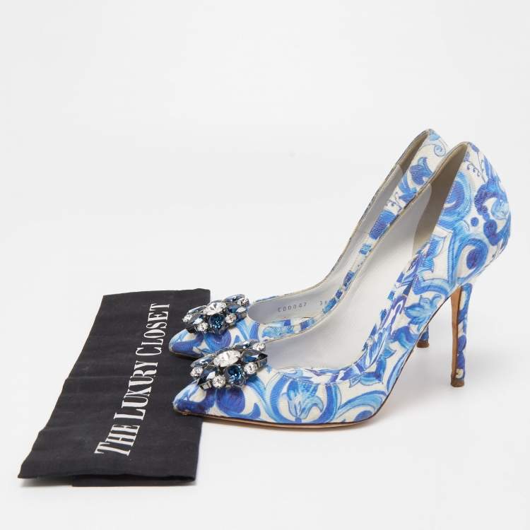 Pre Owned Dolce & Gabbana Blue  Print Brocade Fabric Bellucci Crystal Embellished Pointed Toe Pumps Size 38