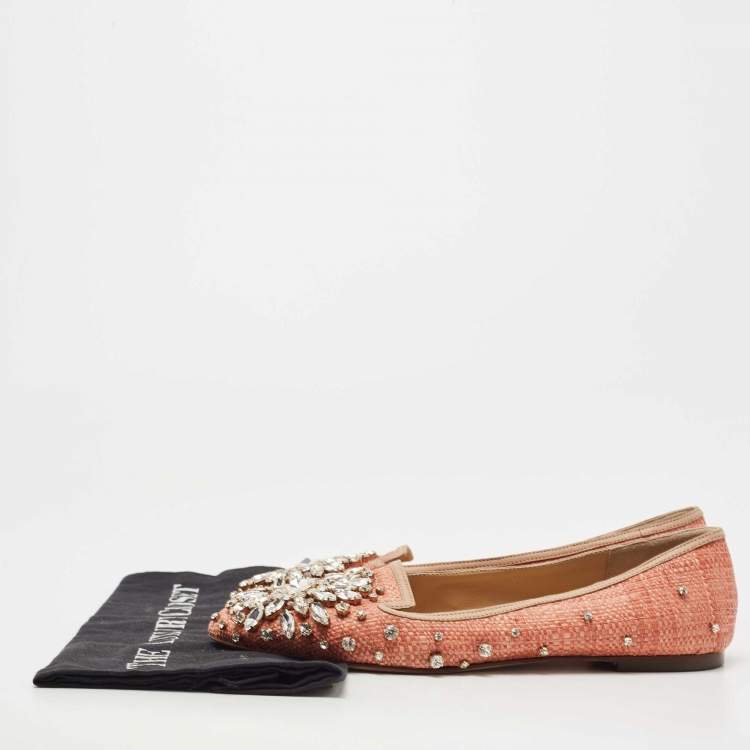 Pre Owned Dolce & Gabbana Beige Raffia and Leather Crystal Embellished Smoking Slippers Size 38