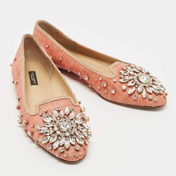 Pre Owned Dolce & Gabbana Beige Raffia and Leather Crystal Embellished Smoking Slippers Size 38