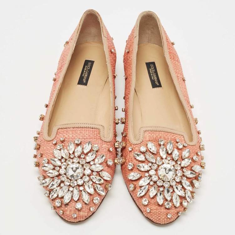 Pre Owned Dolce & Gabbana Beige Raffia and Leather Crystal Embellished Smoking Slippers Size 38