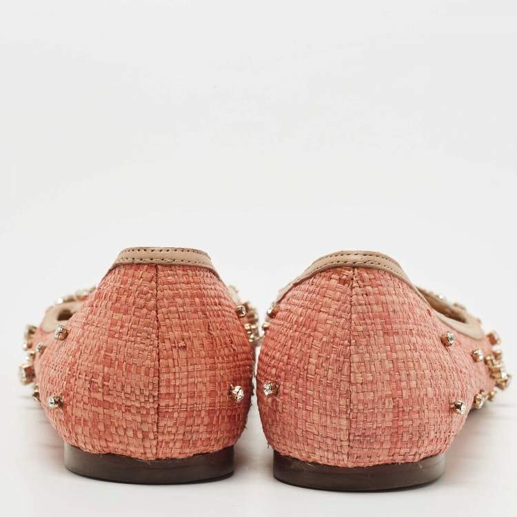 Pre Owned Dolce & Gabbana Beige Raffia and Leather Crystal Embellished Smoking Slippers Size 38
