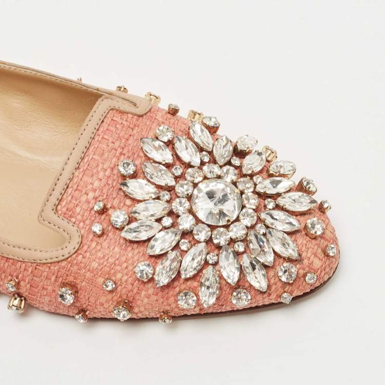 Pre Owned Dolce & Gabbana Beige Raffia and Leather Crystal Embellished Smoking Slippers Size 38