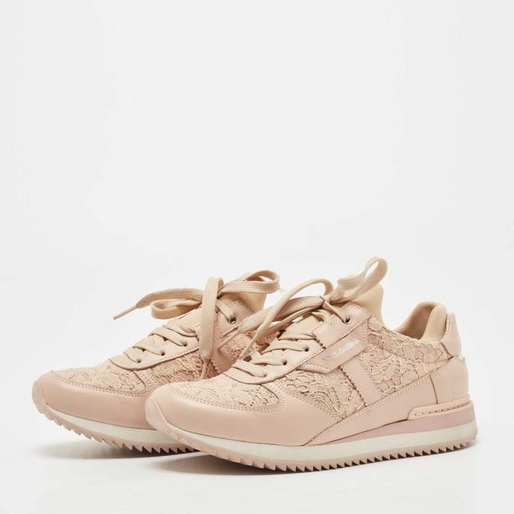Pre Owned Dolce & Gabbana Dusty Pink Leather and Lace Low Top Sneakers Size 36