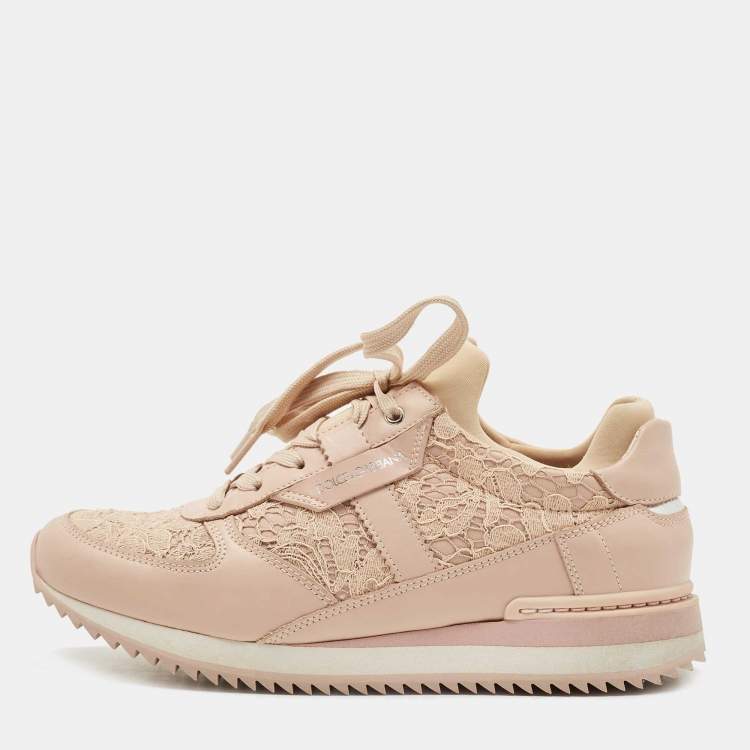 Pre Owned Dolce & Gabbana Dusty Pink Leather and Lace Low Top Sneakers Size 36