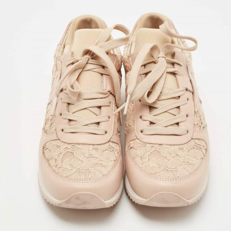 Pre Owned Dolce & Gabbana Dusty Pink Leather and Lace Low Top Sneakers Size 36
