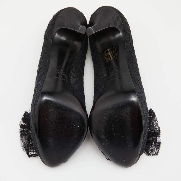 Pre Owned Dolce & Gabbana Black Lace Bow Peep Toe Platform Pumps Size 38.5
