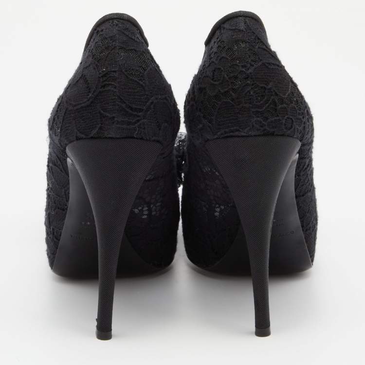 Pre Owned Dolce & Gabbana Black Lace Bow Peep Toe Platform Pumps Size 38.5
