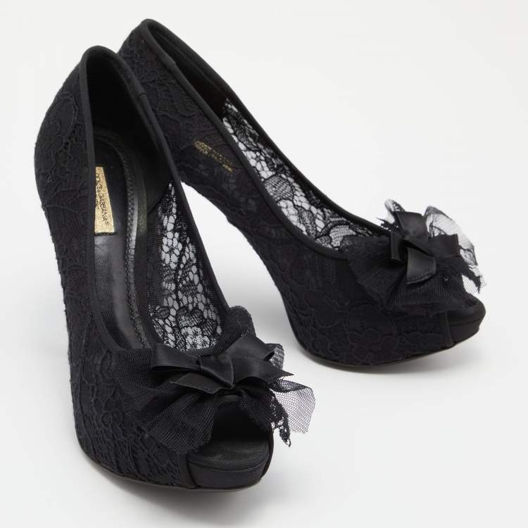 Pre Owned Dolce & Gabbana Black Lace Bow Peep Toe Platform Pumps Size 38.5