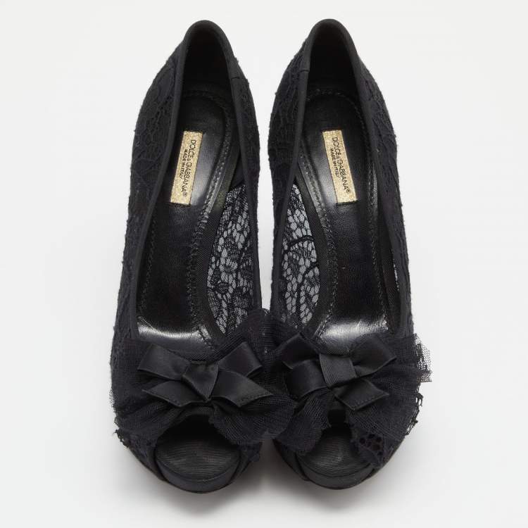 Pre Owned Dolce & Gabbana Black Lace Bow Peep Toe Platform Pumps Size 38.5