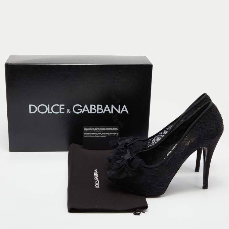 Pre Owned Dolce & Gabbana Black Lace Bow Peep Toe Platform Pumps Size 38.5