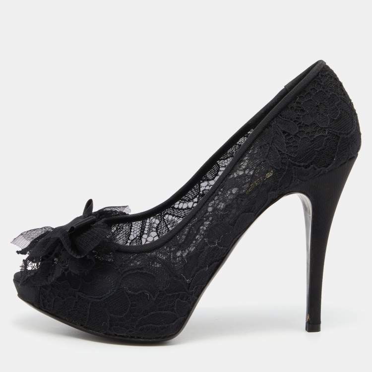 Pre Owned Dolce & Gabbana Black Lace Bow Peep Toe Platform Pumps Size 38.5