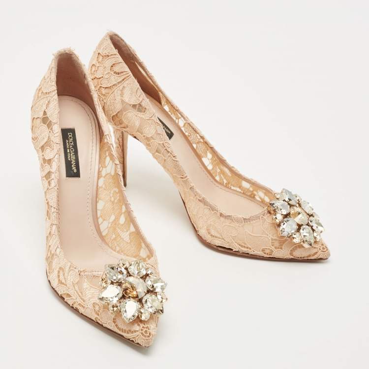 Pre Owned Dolce & Gabbana Beige Lace Crystal Embellished Bellucci Pumps Size 36.5