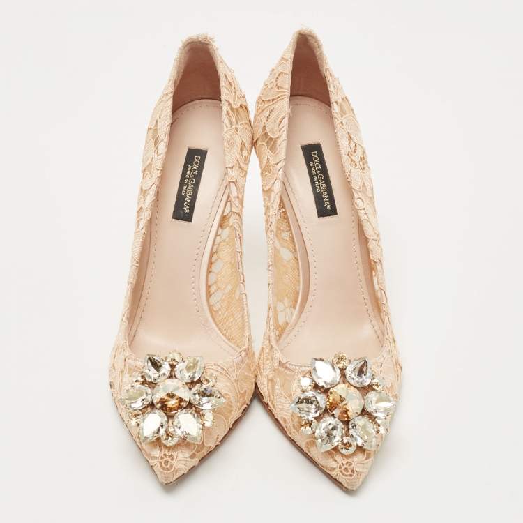 Pre Owned Dolce & Gabbana Beige Lace Crystal Embellished Bellucci Pumps Size 36.5