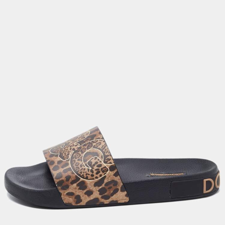 Pre Owned Dolce & Gabbana Brown Leather Logo Slide Flats Size 40