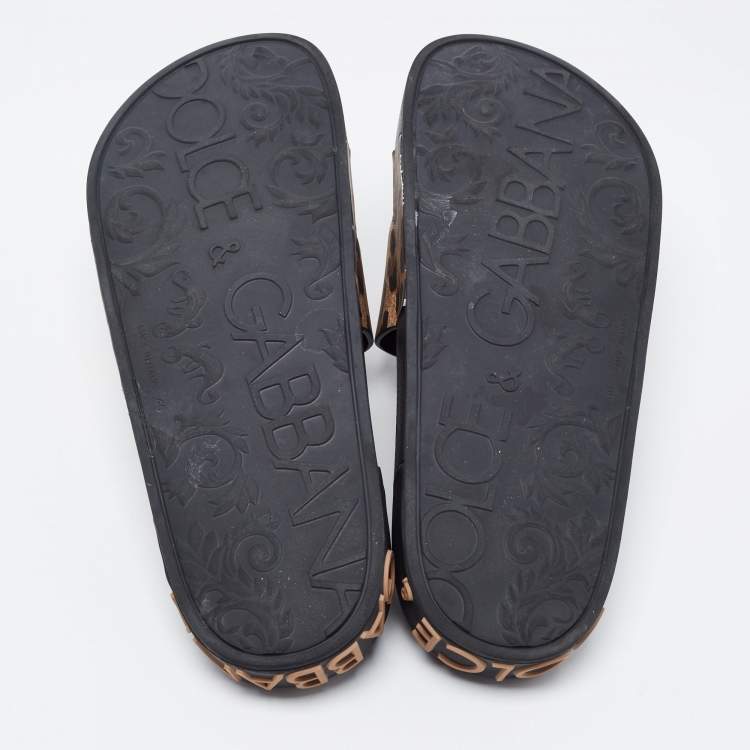 Pre Owned Dolce & Gabbana Brown Leather Logo Slide Flats Size 40