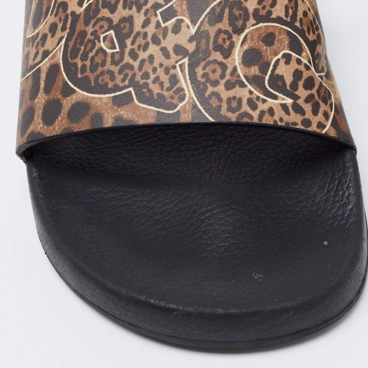 Pre Owned Dolce & Gabbana Brown Leather Logo Slide Flats Size 40
