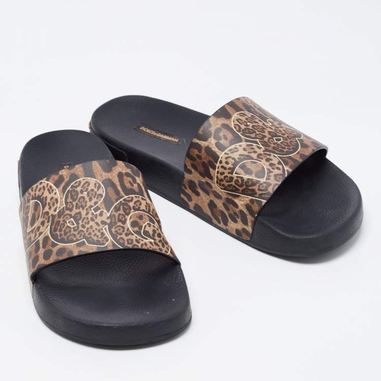 Pre Owned Dolce & Gabbana Brown Leather Logo Slide Flats Size 40