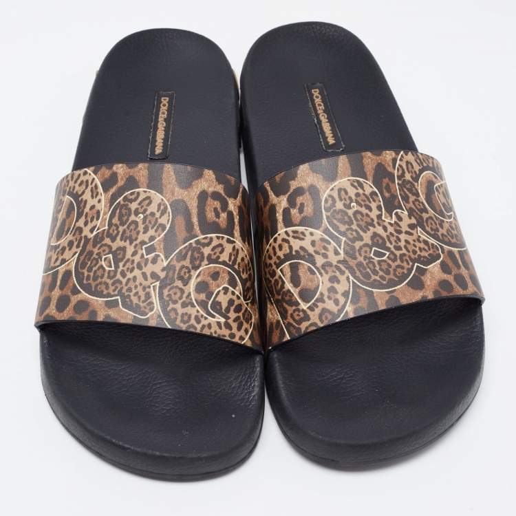Pre Owned Dolce & Gabbana Brown Leather Logo Slide Flats Size 40