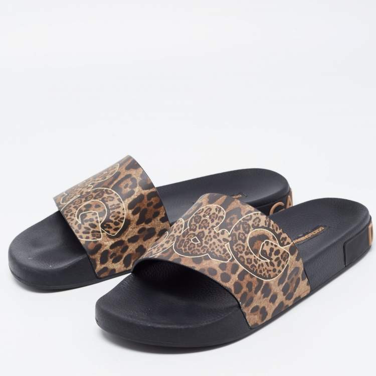 Pre Owned Dolce & Gabbana Brown Leather Logo Slide Flats Size 40