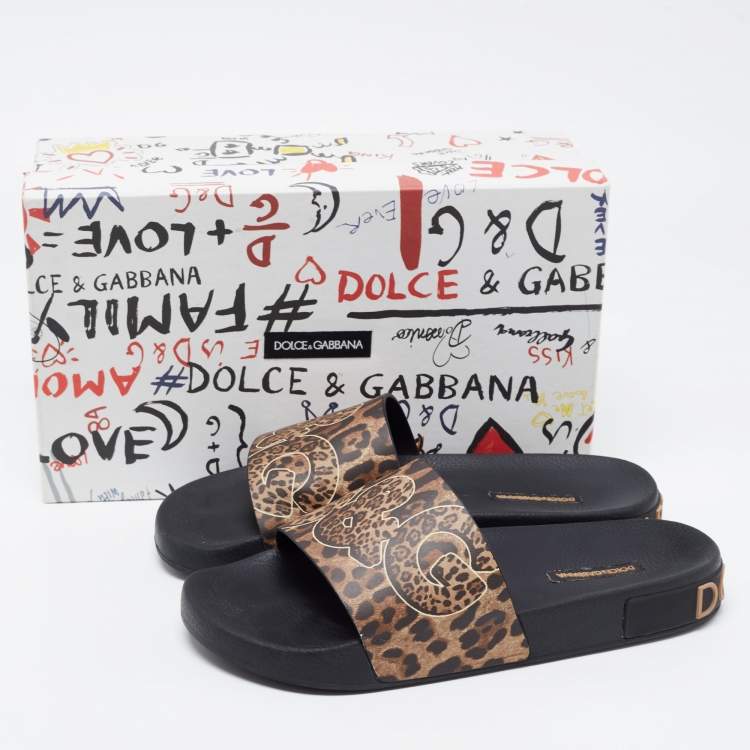 Pre Owned Dolce & Gabbana Brown Leather Logo Slide Flats Size 40