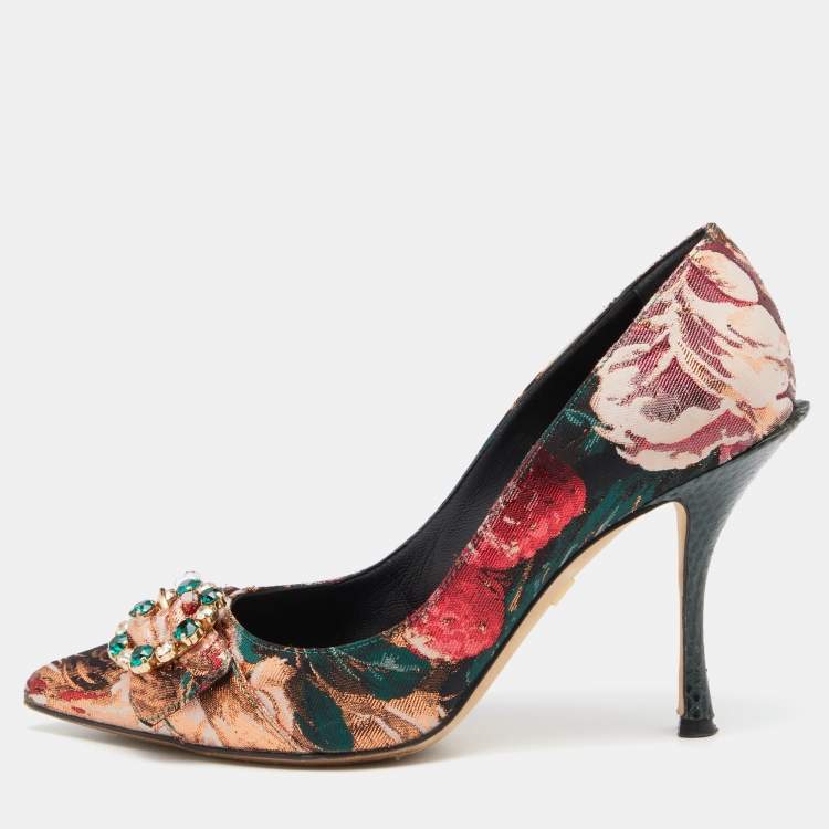 Pre Owned Dolce & Gabbana Multicolor Floral Fabric and Water Snake Leather Crystal Embellished Bellucci Pumps Size 38