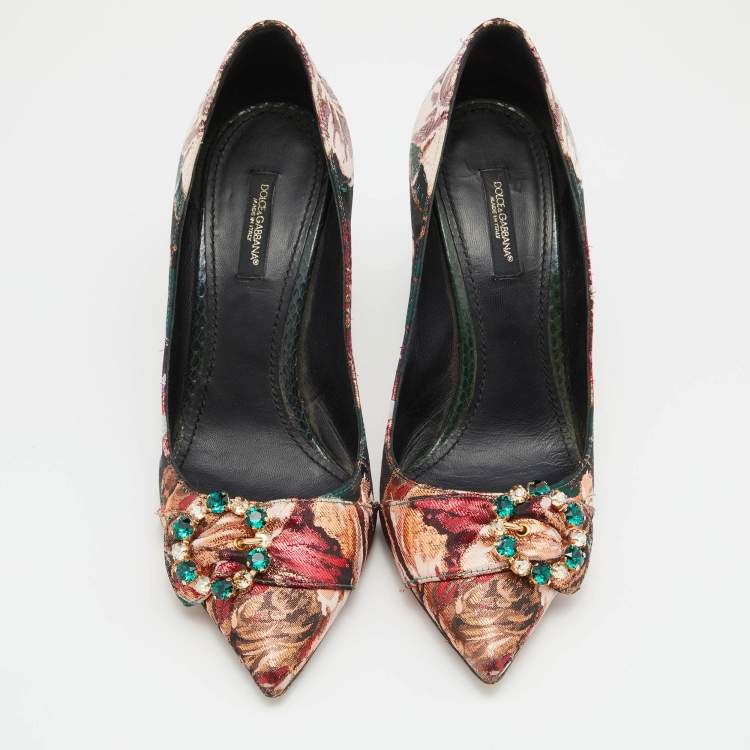 Pre Owned Dolce & Gabbana Multicolor Floral Fabric and Water Snake Leather Crystal Embellished Bellucci Pumps Size 38