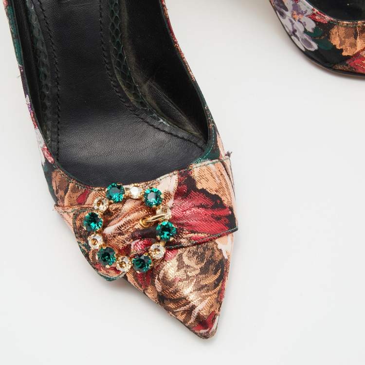 Pre Owned Dolce & Gabbana Multicolor Floral Fabric and Water Snake Leather Crystal Embellished Bellucci Pumps Size 38