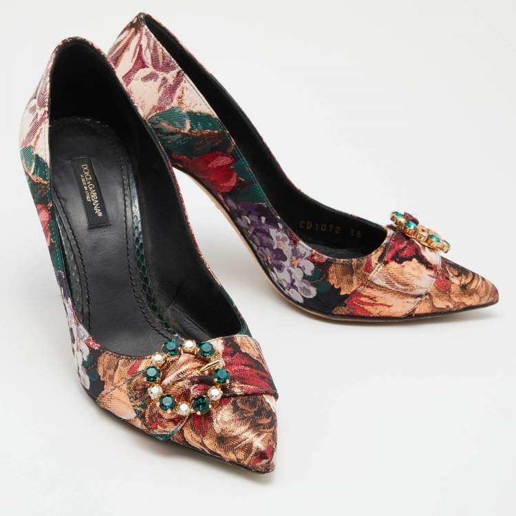 Pre Owned Dolce & Gabbana Multicolor Floral Fabric and Water Snake Leather Crystal Embellished Bellucci Pumps Size 38