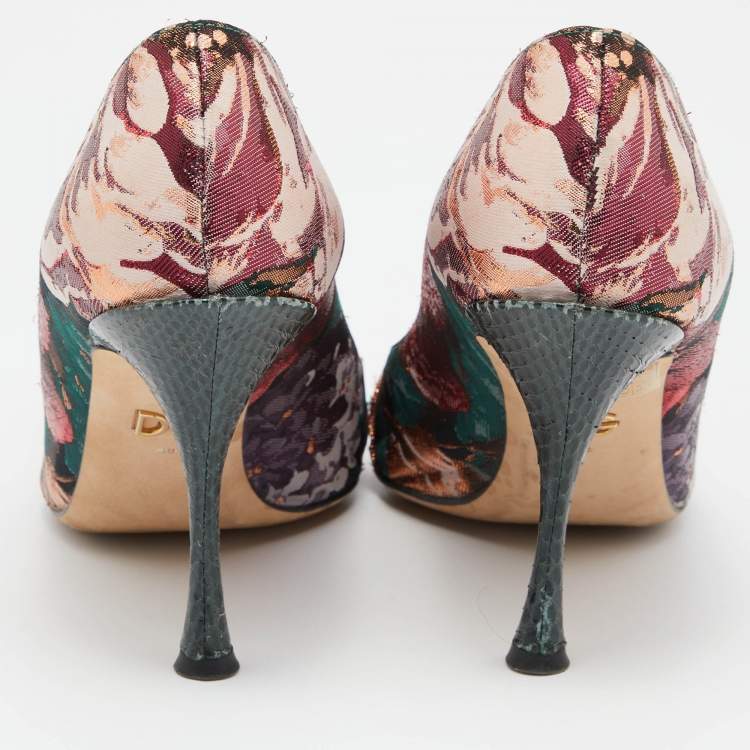 Pre Owned Dolce & Gabbana Multicolor Floral Fabric and Water Snake Leather Crystal Embellished Bellucci Pumps Size 38