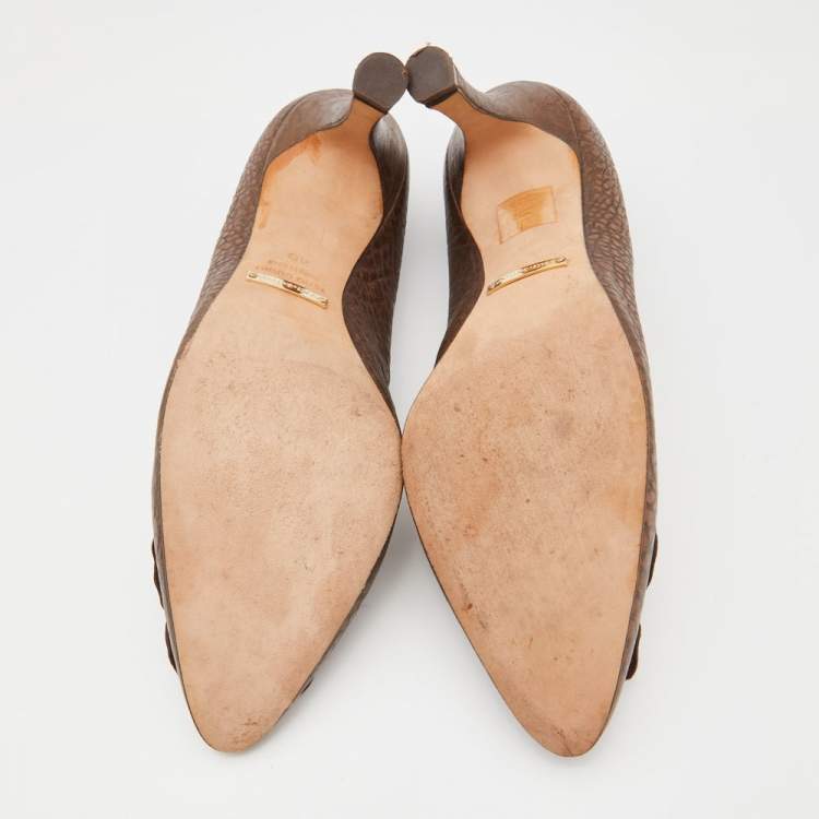 Pre Owned Dolce & Gabbana Brown Textured Leather Flower Detail Pointed Toe Pumps Size 40