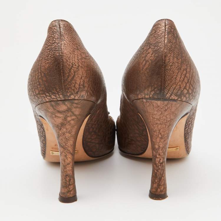 Pre Owned Dolce & Gabbana Brown Textured Leather Flower Detail Pointed Toe Pumps Size 40
