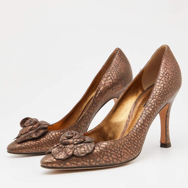 Pre Owned Dolce & Gabbana Brown Textured Leather Flower Detail Pointed Toe Pumps Size 40