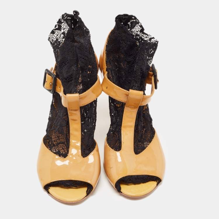 Pre Owned Dolce & Gabbana Brown/Black Patent Leather and Lace Peep Toe Ankle Strap Pumps Size 38