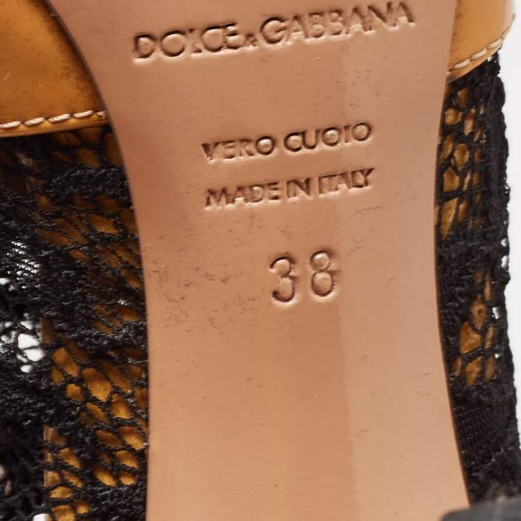Pre Owned Dolce & Gabbana Brown/Black Patent Leather and Lace Peep Toe Ankle Strap Pumps Size 38