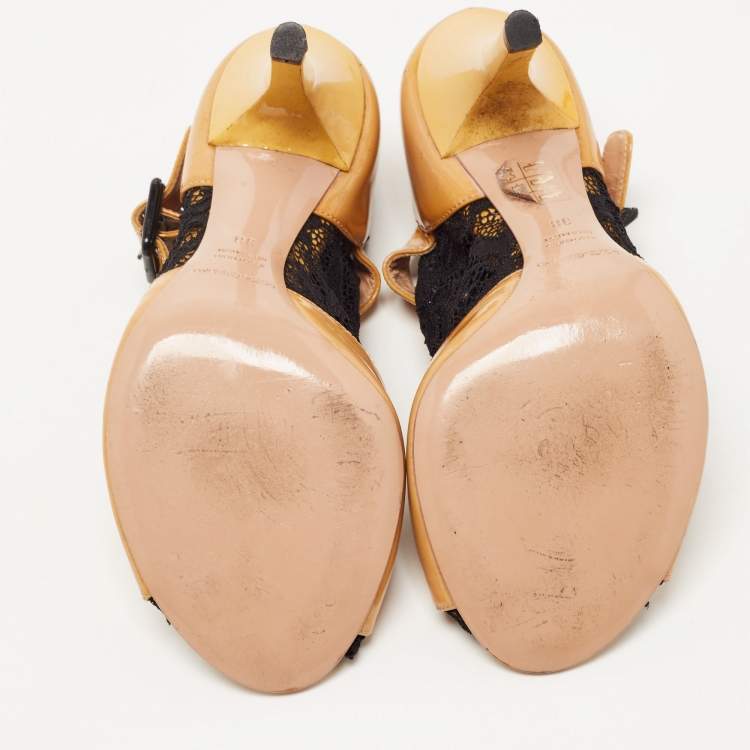 Pre Owned Dolce & Gabbana Brown/Black Patent Leather and Lace Peep Toe Ankle Strap Pumps Size 38