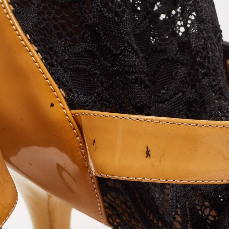 Pre Owned Dolce & Gabbana Brown/Black Patent Leather and Lace Peep Toe Ankle Strap Pumps Size 38