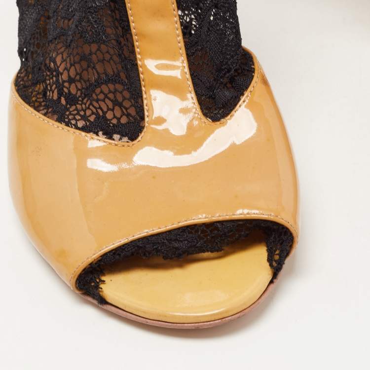 Pre Owned Dolce & Gabbana Brown/Black Patent Leather and Lace Peep Toe Ankle Strap Pumps Size 38