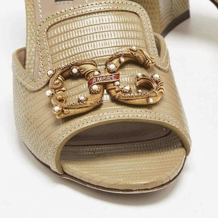 Pre Owned Dolce & Gabbana Grey Lizard Embossed Leather DG Amore Slide Sandals Size 36.5