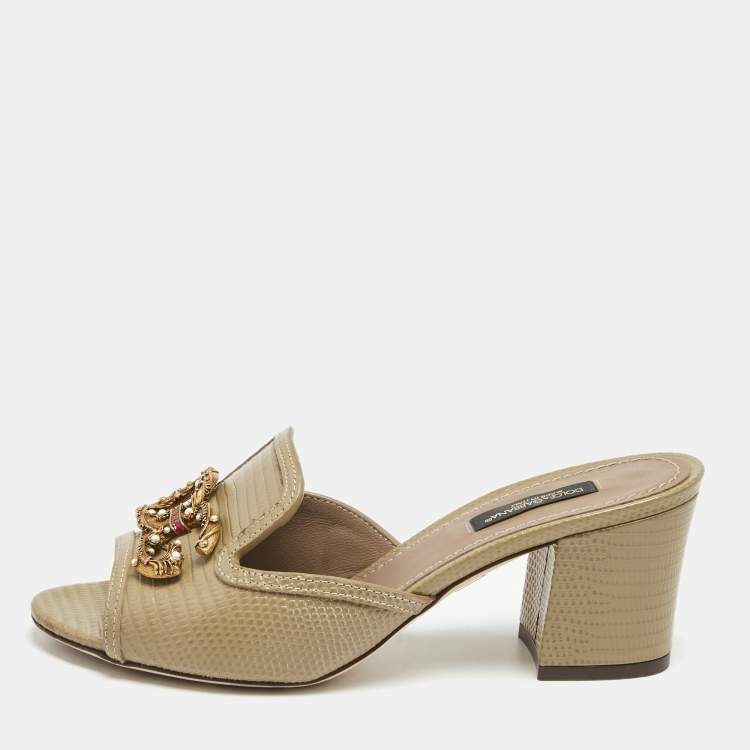 Pre Owned Dolce & Gabbana Grey Lizard Embossed Leather DG Amore Slide Sandals Size 36.5
