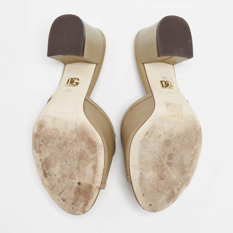 Pre Owned Dolce & Gabbana Grey Lizard Embossed Leather DG Amore Slide Sandals Size 36.5