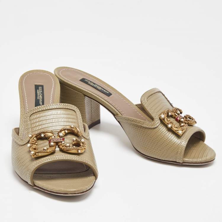 Pre Owned Dolce & Gabbana Grey Lizard Embossed Leather DG Amore Slide Sandals Size 36.5