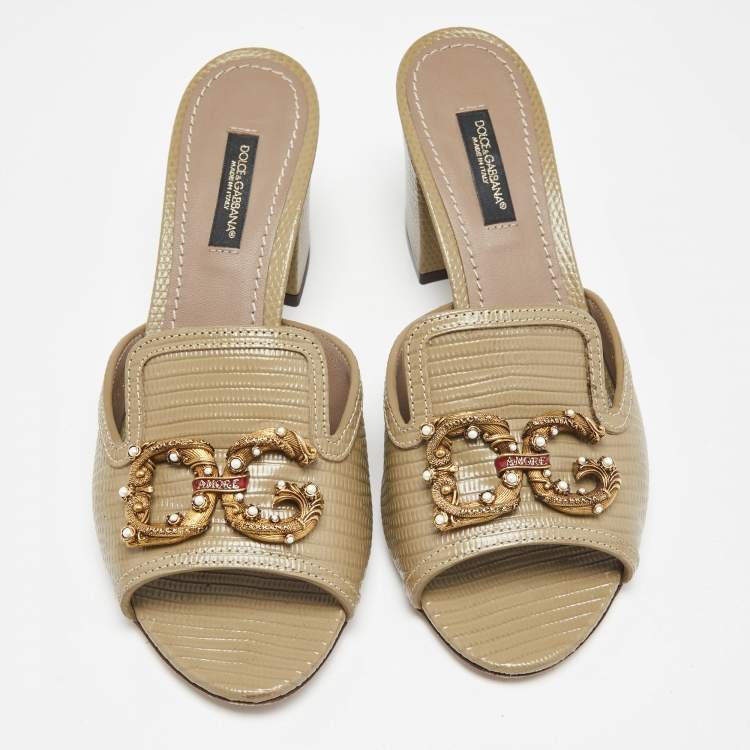 Pre Owned Dolce & Gabbana Grey Lizard Embossed Leather DG Amore Slide Sandals Size 36.5