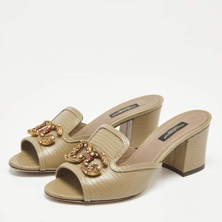 Pre Owned Dolce & Gabbana Grey Lizard Embossed Leather DG Amore Slide Sandals Size 36.5