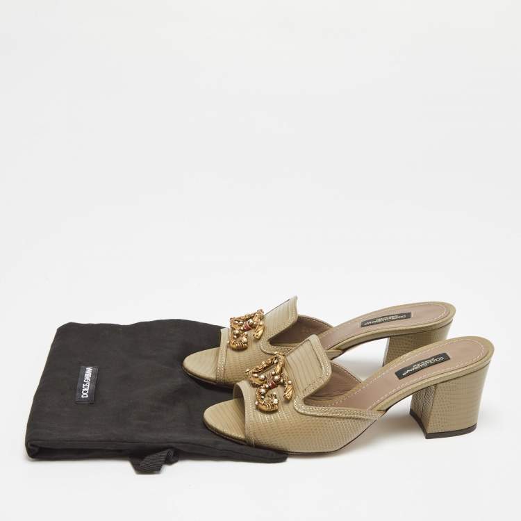 Pre Owned Dolce & Gabbana Grey Lizard Embossed Leather DG Amore Slide Sandals Size 36.5