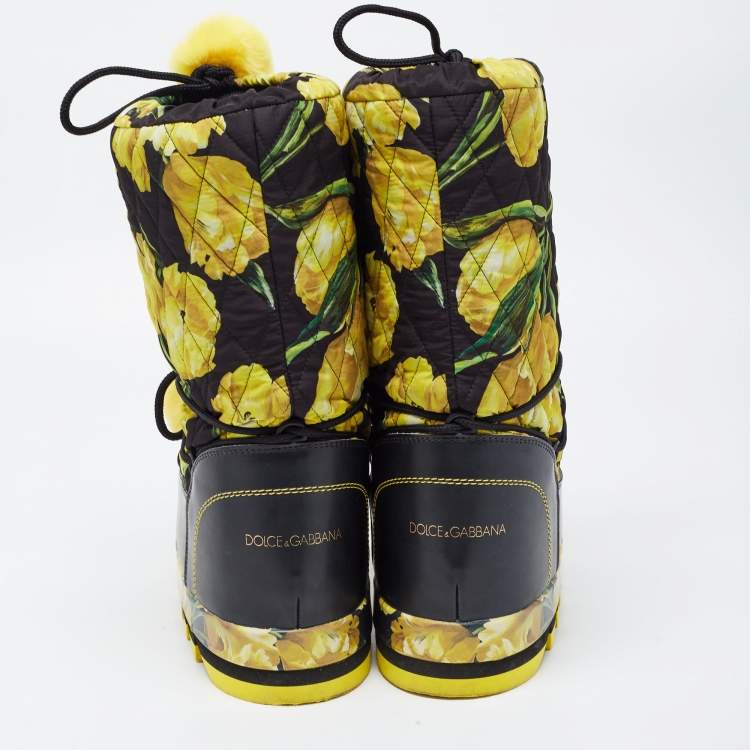 Pre Owned Dolce & Gabbana Black Fabric and Leather Tulip Print Pom Pom Detail Snow Boots Size 39