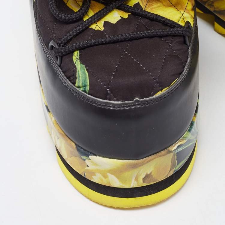 Pre Owned Dolce & Gabbana Black Fabric and Leather Tulip Print Pom Pom Detail Snow Boots Size 39